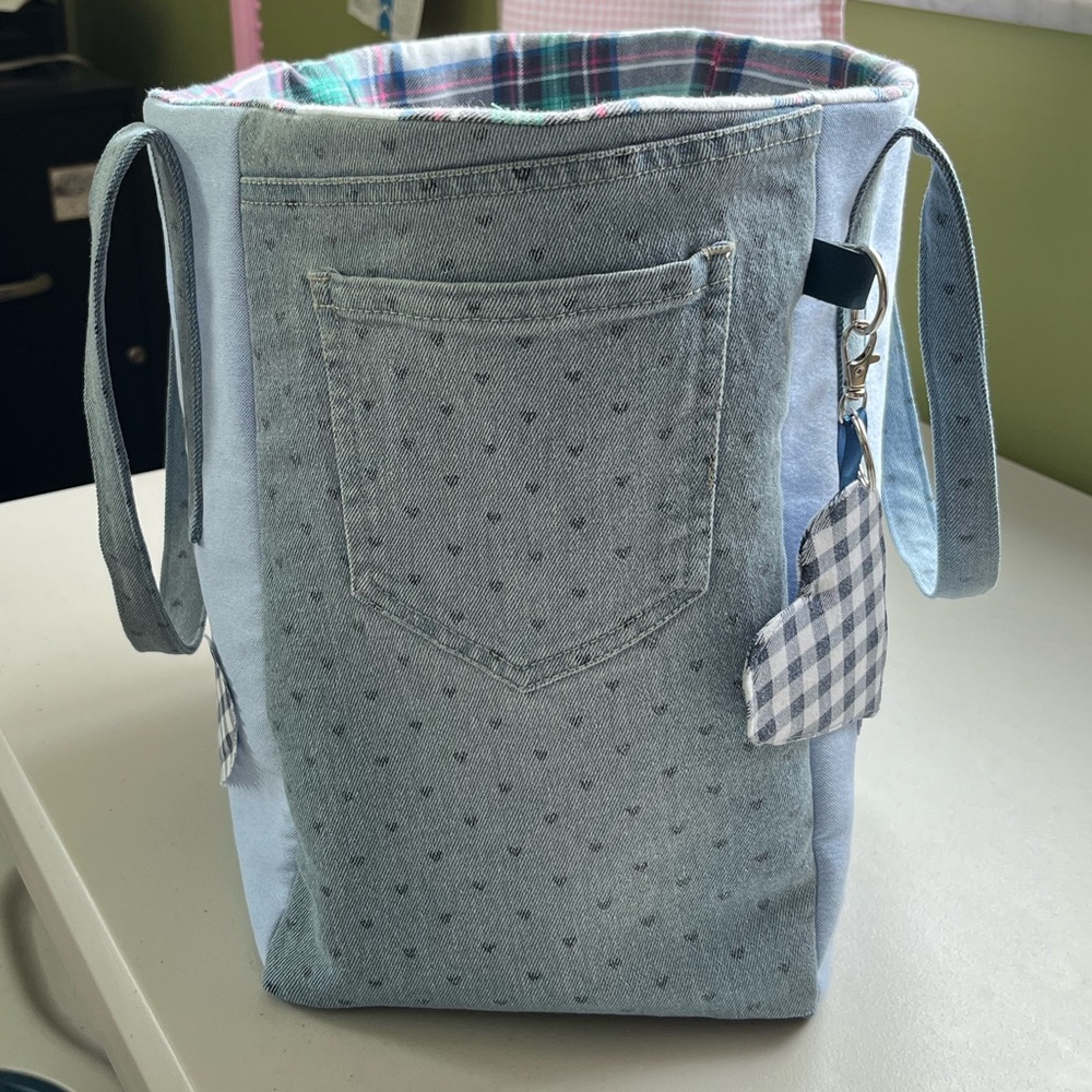 Handmade One Of A Kind Denim Heart Accents Upcycled Fabric Shoulder Tote Bag 💙 - Picture 7 of 11